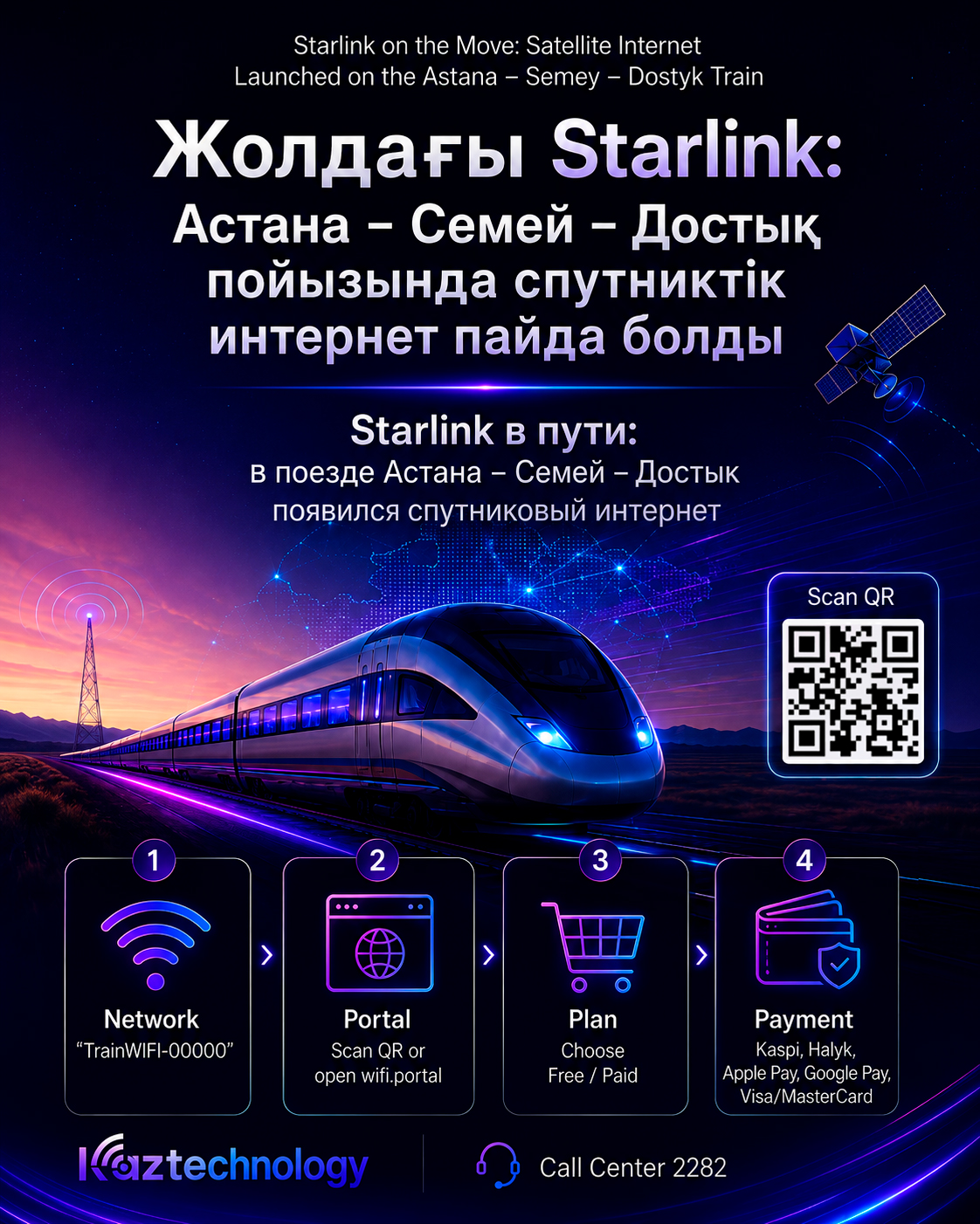 Жолдағы Starlink: Астана – Семей – Достық пойызында спутниктік интернет пайда болды