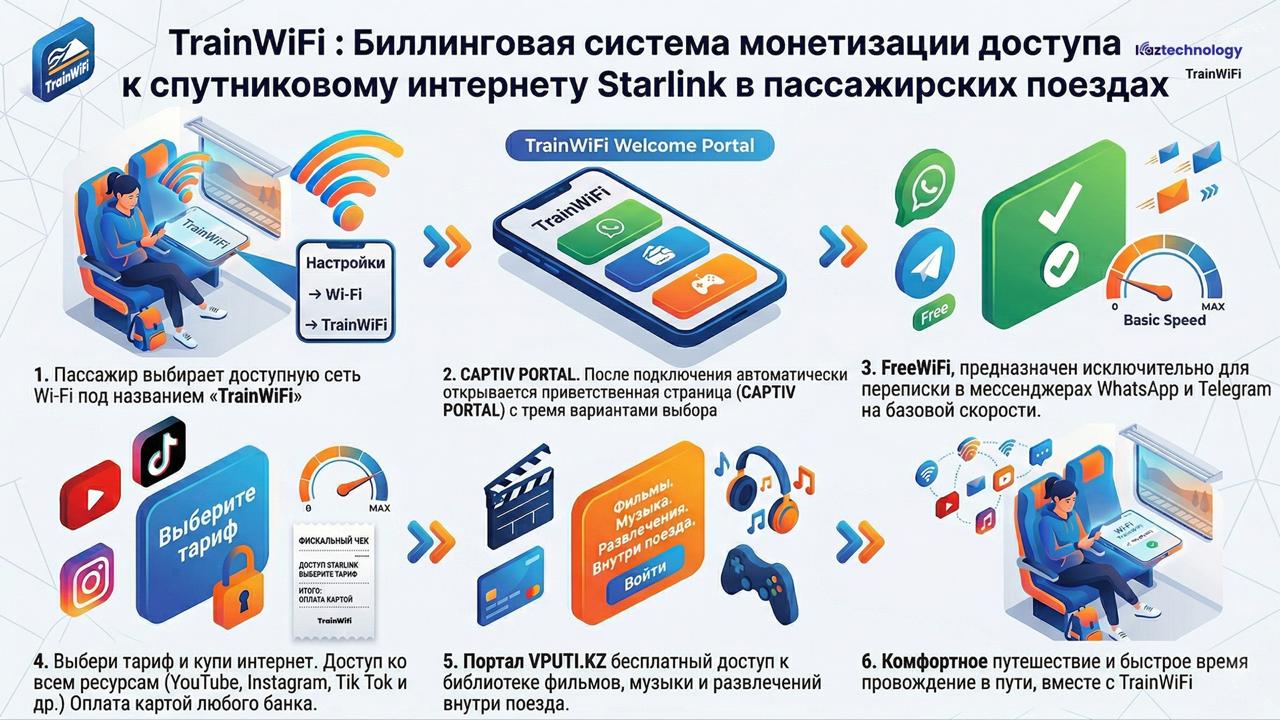 Kaztechnology разработала TrainWiFi: биллинговую систему монетизации доступа к спутниковому интернету Starlink в пассажирских поездах
